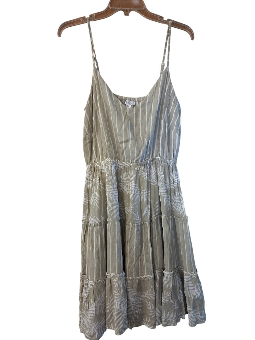 Venus Lascana Sage Green Tiered Striped Straps Midi Dress Boho Size Medium